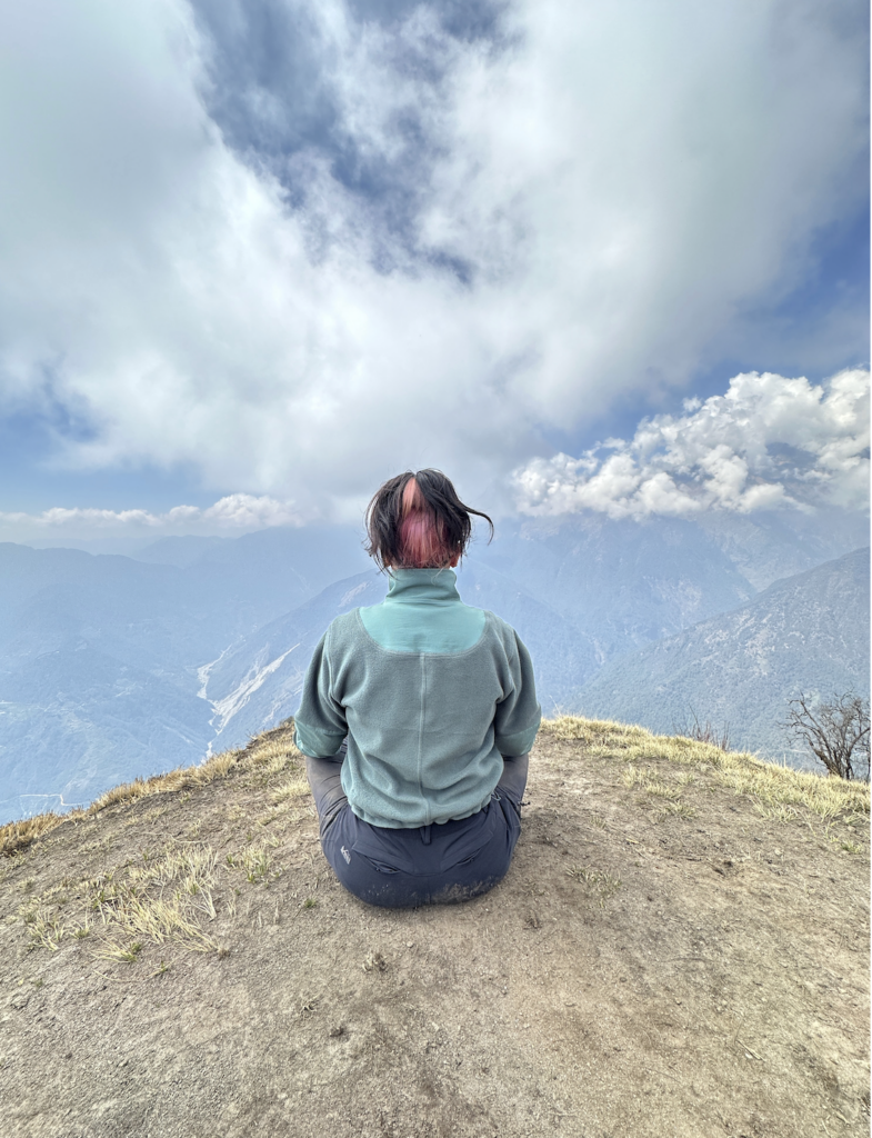 Sylvia Sulkes looking out over the Annapurna mountain range in Nepal